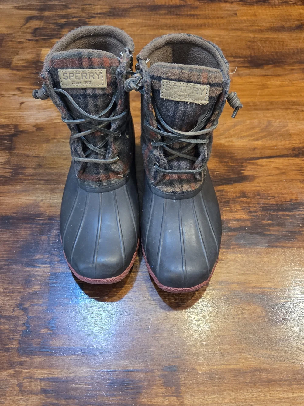 Sperry Women's Saltwater Emboss Wool Poly Duck Rain Boots Size 7M Brown Red Grop